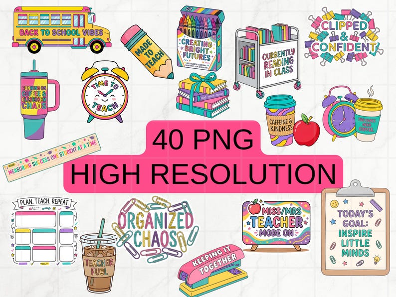 May include: A collection of colorful back-to-school themed PNG graphics. Includes a school bus, pencil, alarm clock, coffee cups, books, and the text "Back to School Vibes", "Time to Teach", and "High Resolution".