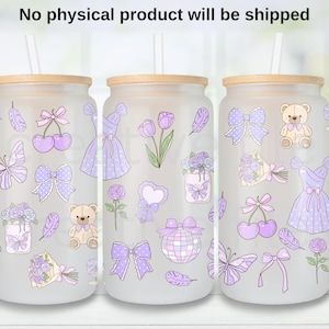 Cute Lavender preppy pattern 16oz Can Glass  wrap png, Coquette girly Libbey 16oz cup  PNG files , Lavender flower Coffee mug Template