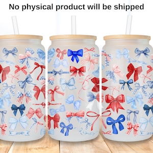 May include: Three clear glass tumblers with a wood lid and a straw. The tumblers are decorated with a pattern of red, white, and blue bows.