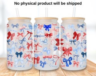 American Coquette Bows Libbey glass can png, 4th of July 16 oz tumbler wrap design uv dtf, USA ribbon Coffee Glass PNG download