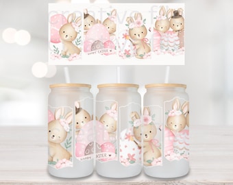 Cute Easter Rabbit Libbey Glass Wrap PNG, Brush Style Easter Bunny 16oz Can Glass Sublimation Design, Cute Spring Easter Eggs Clipart
