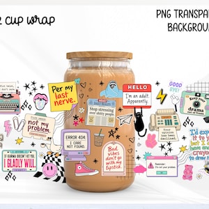 May include: A 16 oz glass cup featuring a wrap design with various colorful stickers including a typewriter, a newspaper, a computer monitor, a fax machine, and text phrases like Per my last nerve, Error 404, and I am an adult. Apparently.