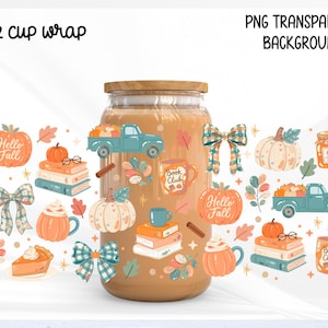 May include: A 16 oz cup wrap design featuring a repeating pattern of autumn-themed illustrations including teal pickup trucks, stacks of books, pumpkins, plaid bows, mugs with the text Book Club, and slices of pumpkin pie on a clear background.