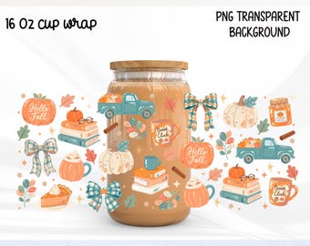 Hello Fall 16oz Glass Can Wrap PNG, Autumn Book Club design, Cozy Autumn digital download, Fall Book Lover Wrap, Hello Fall Pumpkin cup