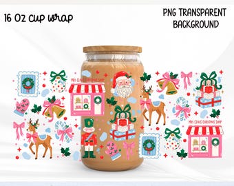 Pink Christmas Glass Can Wrap PNG 16oz, Mrs Claus Shop Cup Wrap, Santa Reindeer Sublimation, Girly Holiday Tumbler Design
