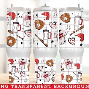 May include: White tumbler featuring a baseball theme. The design includes baseball jerseys, gloves, bats, helmets, and hearts. The text "Team Spirit" is visible on the jersey. The tumbler has a white handle and a silver lid.