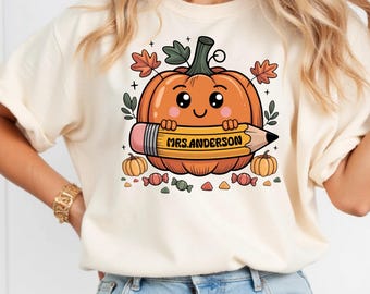 Pumpkin Teacher Shirt PNG, Editable Pencil Autumn Season Sublimation Design for Back to School. Cute kids custom tote bag design