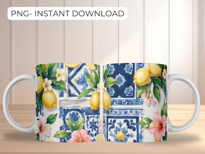May include: White ceramic mug featuring a watercolor design of lemons, flowers, and blue and white tile patterns. The mug has a curved handle and the text "PNG- INSTANT DOWNLOAD" at the top.