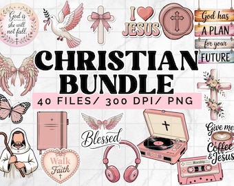 Christian Clipart Bundle PNG, Faith Based Graphics Set, 40 Christian PNG Files 300 DPI, Bible Verse stickers Digital Download