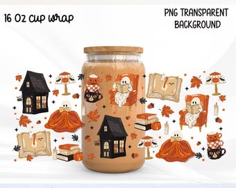Cozy Halloween Bookish Glass Can Wrap PNG 16oz, Ghost Reader Libbey Cup Wrap, Spooky Library Sublimation, Autumn Book Lover
