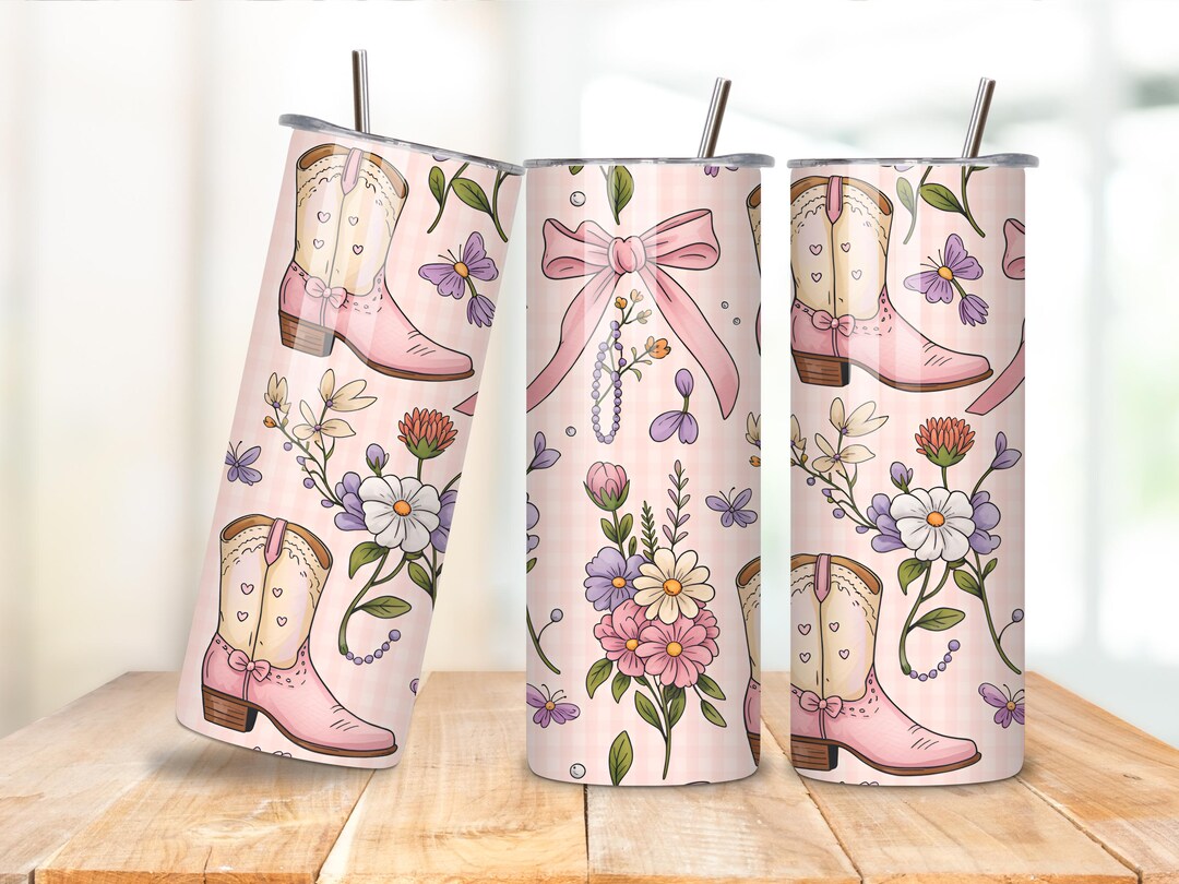Pink Cowgirl Boots Floral 20oz Tumbler Wrap PNG, Western Country Girly ...