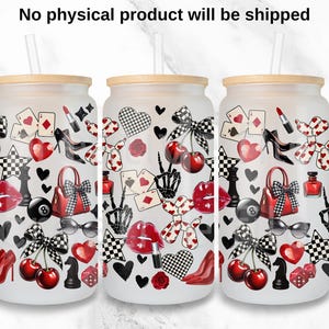 May include: Three white tumblers with a black and red design. The design features cherries, playing cards, lips, a chess piece, a handbag, and a dice. The tumblers have a bamboo lid and a straw.