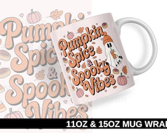 May include: White ceramic mug with the text "Pumpkin Spice & Spooky Vibes" in orange and peach lettering. The mug features a ghost wearing a beanie and holding a drink, along with pumpkins and leaves. A perfect fall-themed gift.