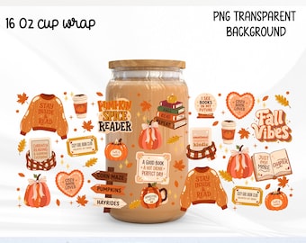 Fall Bookish Glass Can Wrap PNG 16oz, Cozy Book Lover Libbey Cup Wrap, Pumpkin Spice Reader Sublimation, Autumn Digital Download