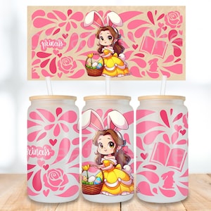 Easter Belle inspired Princess Bunny Tumbler Wrap PNG, Rabbit cartoon 16oz Glass Can Wrap, Cute Easter UV DTF Design