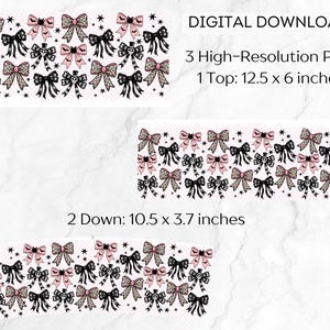 May include: Digital download with three high-resolution PNG files. The design showcases repeating patterns of bows in black, pink, and tan, with Halloween-themed accents. The top design measures 31.75 x 15.24 cm, and the two down designs measure 26.67 x 9.4 cm.