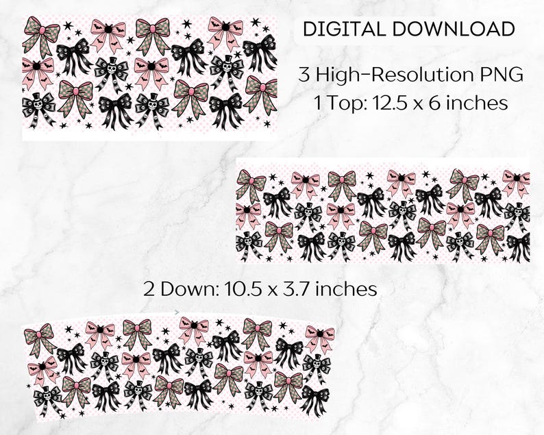 May include: Digital download with three high-resolution PNG files. The design showcases repeating patterns of bows in black, pink, and tan, with Halloween-themed accents. The top design measures 31.75 x 15.24 cm, and the two down designs measure 26.67 x 9.4 cm.