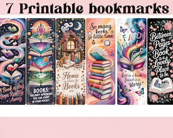 May include: Seven printable bookmarks with colorful illustrations. Each bookmark features a unique design, including stacks of books, a cat with books, and inspirational quotes like "A Book a day Keeps Reality Away."