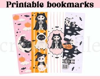 Halloween Cat Printable Bookmarks, Cute Witchy Cat Bookmark Bundle, Spooky Book Lover Gift, Kitty Ghost, Halloween bookmarks