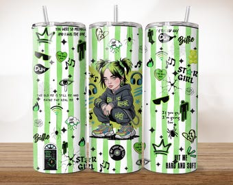 Billie  inspired 20 OZ skinny tumbler png, hit me hard and soft 20 oz bottle template wrap, Star Girl sublimation wrap design