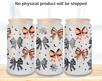 Coquette halloween Bows Can Glass Wrap PNG, 16oz Girly spooky Design, Pumpkin season Sublimation PNG for Glass Cans