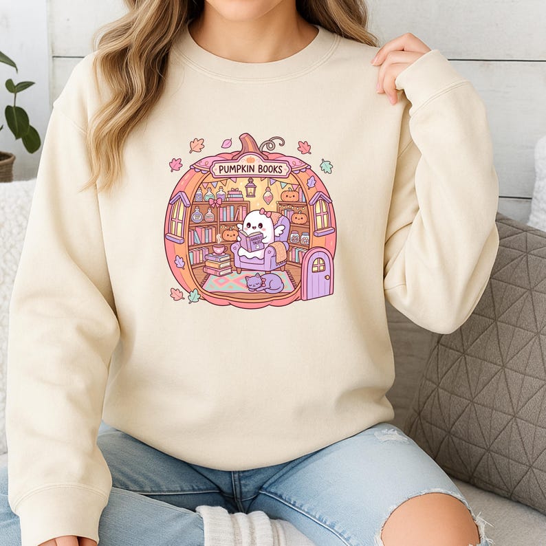 May include: Beige sweatshirt featuring a whimsical illustration of a ghost reading inside a pumpkin-shaped bookstore. The design includes bookshelves, a cat, and the text "PUMPKIN BOOKS" in a circular frame, with autumn leaves and pumpkins.