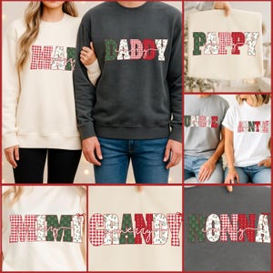 Frohe Weihnachten Familie passende Shirts PNG Bundle, Festliche Patchwork Buchstaben Familienset, Mama Papa Oma Weihnachten Sublimations Bundle