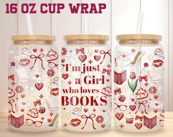 Book Lover 16oz Libbey Glass Wrap PNG, Literary Aesthetic Cup Wrap, Bookish Girl Digital Download, Coquette book lover Sublimation
