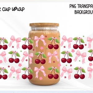 May include: A 16 oz cup wrap with a wooden lid. The wrap features a pattern of red cherries with green leaves and pink bows. The text "PNG Transparent Background" is also visible.