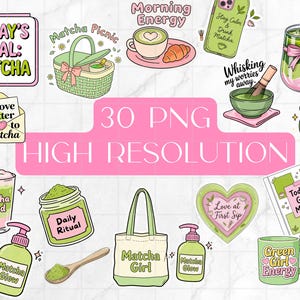Puede incluir: Un conjunto de pegatinas digitales con tem&aacute;tica de matcha. Incluye una cesta de picnic, una taza de matcha, un bolso de mano y un vaso de matcha. El texto incluye "Today's Goal: Matcha" y "Matcha Girl".