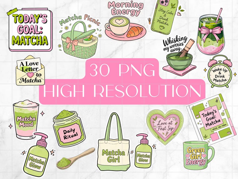 Puede incluir: Un conjunto de pegatinas digitales con tem&aacute;tica de matcha. Incluye una cesta de picnic, una taza de matcha, un bolso de mano y un vaso de matcha. El texto incluye "Today's Goal: Matcha" y "Matcha Girl".
