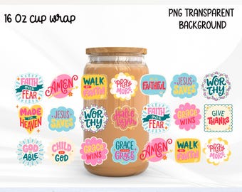 Rótulo para lata de vidro cristã de 473ml (16oz) PNG, Rótulo para copo Libbey com citações de fé, Design com versículo bíblico, Download digital religioso colorido