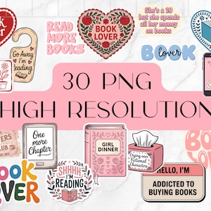Book lover Clipart bundle, 30 Reading Sticker PNG Files, Bookish Digital Download Pack, Reading Quotes PNG Bundle, Bookworm Collection image 2