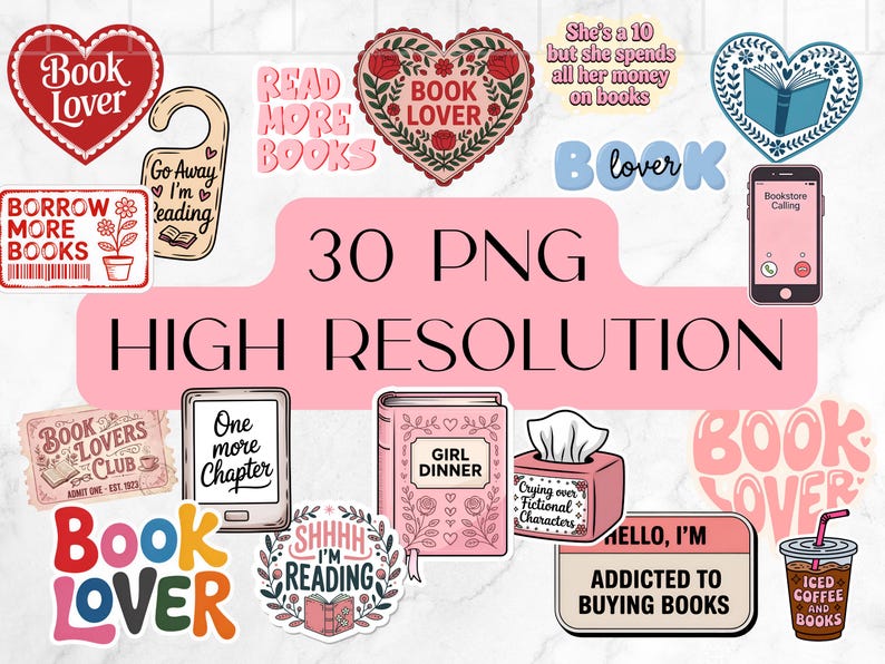 Book lover Clipart bundle, 30 Reading Sticker PNG Files, Bookish Digital Download Pack, Reading Quotes PNG Bundle, Bookworm Collection image 2