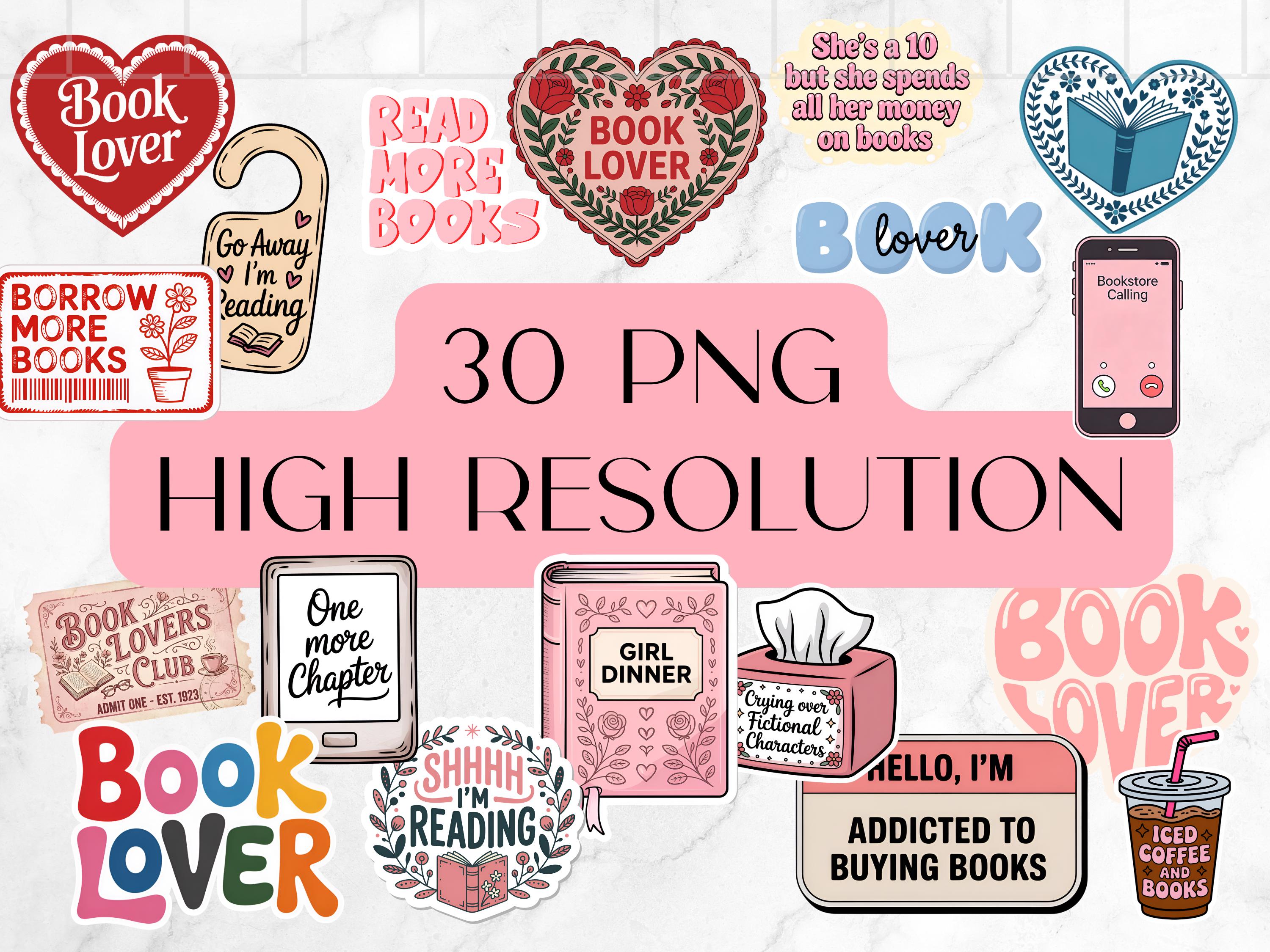 Book Lover Clipart Bundle, 30 Reading Sticker PNG Files, Bookish ...