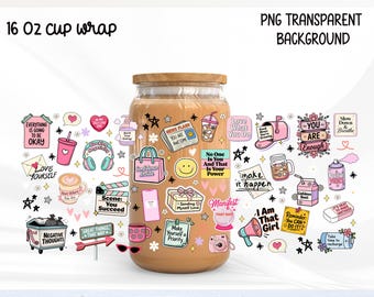 Adesivo para lata de 473ml (16oz) com frase motivacional "Amor Próprio" em PNG, adesivo para copo com afirmação motivacional, design de sublimação "Eu Sou Aquela Garota", adesivo estético para saúde mental.