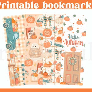 May include: Four vertical bookmarks featuring autumn-themed illustrations including a teal truck, pumpkins, ghosts in sweaters, books, plaid bows, and a door with a wreath. The designs incorporate text such as Hello Fall and Hello Autumn in orange and teal tones against cream and checkered backgrounds.