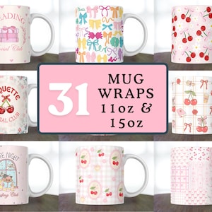 Paquete de 31 envoltorios PNG para tazas Coquette, envoltorio de sublimación con lazo de 11 oz y 15 oz, diseño de estética preppy, envoltorios digitales para tazas Coquette Girly