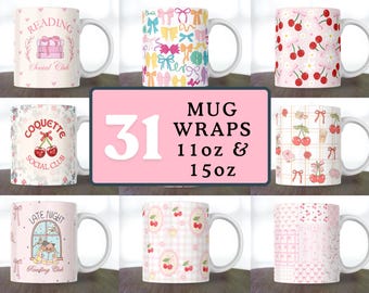 31 Coquette Mug Wraps PNG Bundle, 11oz & 15oz Bow Sublimation Wrap, Preppy Aesthetic design, Girly coquette Cup Digital Cup Wraps