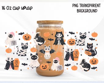 Halloween Cat Glass Can Wrap PNG, Cute Spooky Kitty Pumpkin Sublimation Design, Cat Ghost wrap, Halloween cat lover design