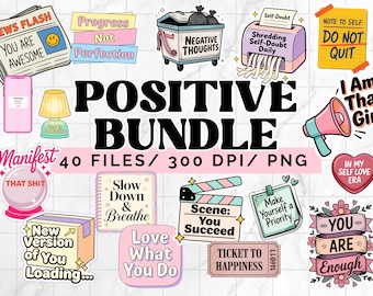 Positive Affirmation Clipart Bundle PNG, Self Love Motivational Stickers 40 Files, Mental Health Manifest Quote PNG Pack