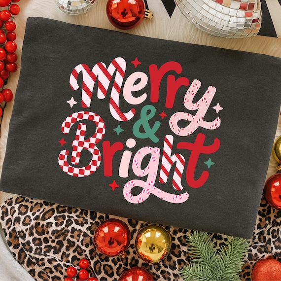 Merry & Bright Candy Cane PNG, Retro Christmas T-Shirt Design, Festive Holiday Quote Sublimation, Red Pink Christmas SVG, Joyful Xmas PNG