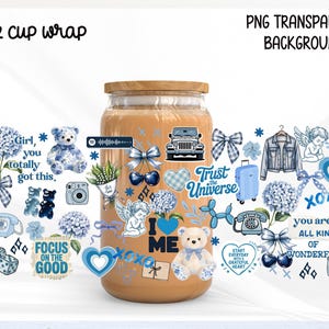 May include: A 16 oz cup wrap with a wooden lid, adorned with blue and white stickers. Designs include teddy bears, bows, a jeep, and text like "Trust the Universe" and "Focus on the Good".