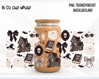 Girly Halloween Glass Can Wrap PNG 16oz, Book of Spells Libbey Cup Wrap, Haunted House Ghost, Spooky bows wrap png