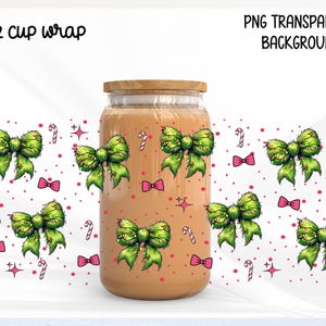 Green coquette bows Can Wrap PNG, 16oz Christmas fun PNG Wrap, Girly holiday design, Festive ribbons PNG, free additional design included