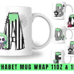 Paquete de envoltorios para tazas PNG inspirados en el personaje chibi de Beetlejuice, lindos envoltorios para tazas de café de sublimación de 11 oz y 15 oz, envoltorios para tazas de Halloween