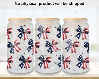 American Coquette Bow Libbey glass can png, 4th of July 16 oz tumbler wrap design uv dtf, USA ribbon pattern Coffee Glass PNG download