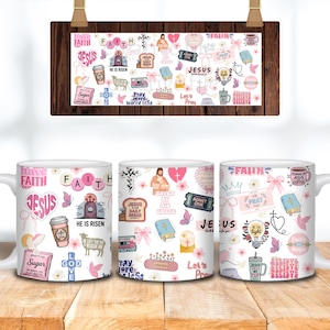 May include: White ceramic mugs with a religious theme. Each mug features a collage of pink and white graphics, including the words "Faith," "Jesus," and other inspirational phrases. The mugs are decorated with crosses, hearts, and floral elements.