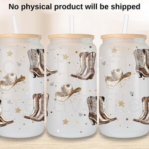 Involucro di lattina di vetro da 16 once ispirato a Cowboy Carter in formato PNG, involucro di tazza con stivali e cappello lucidi, download digitale di bicchiere Country Girl, civetta Cowgirl in formato PNG