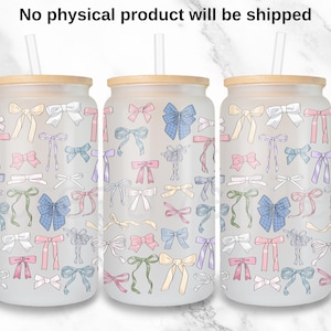 Coquette Bows Libbey glass can png, Ribbon lovely 16 oz tumbler wrap design uv dtf, Colorful Coquette Coffee Glass PNG download